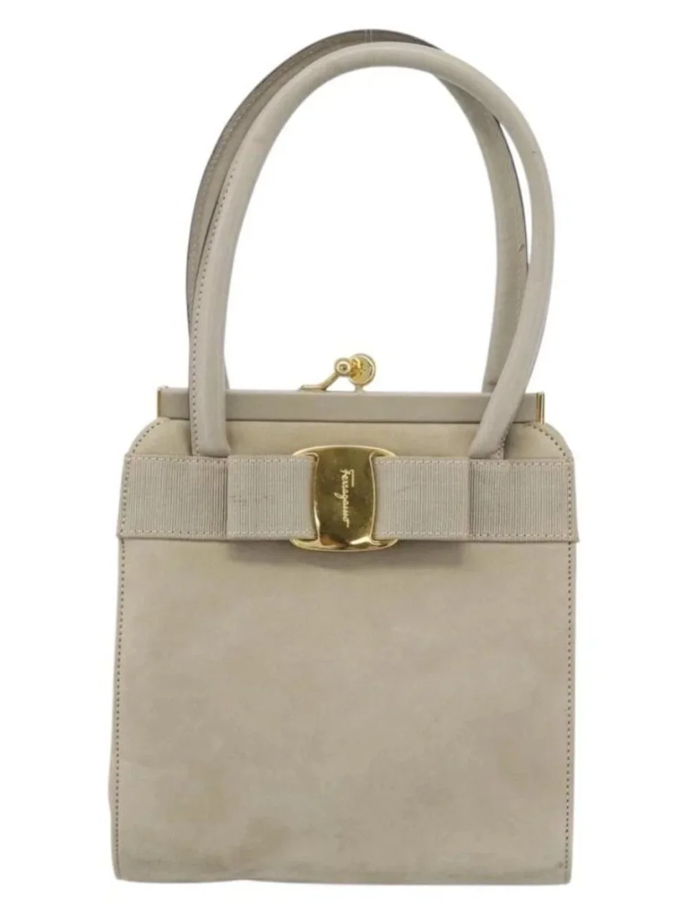 Salvatore Ferragamo Vala Hand Bag Suede Beige Gold Auth ka4791
